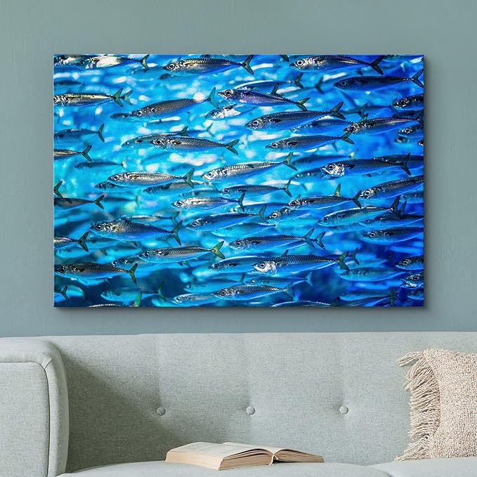 wall26 Canvas Print Wall Art Close Up Sardine School of Fish Underwater Nature Animals Photography Realism Rustic Scenic Landscape Wilderness Earth for Living Room, Bedroom, Office - 32"x48"