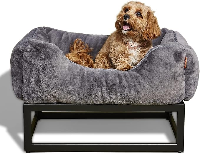 FUZI Premium Aesthetic Dog Bed for Medium Dogs with Washable Cover, Pet Couch, Pet Bed with Sides, Non-Slip Bottom, Soft and Durable Calming Dog Bed, Faux Rabbit Fur, Medium 31.75x23.6x9.5 Dark Grey