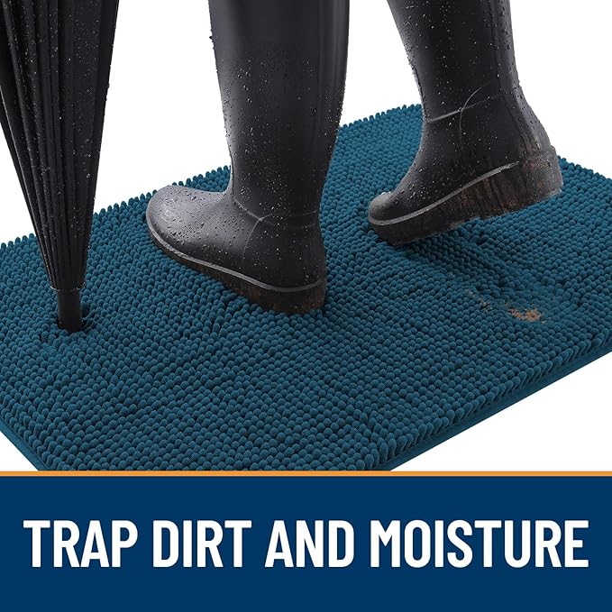 OLANLY Dog Door Mat for Muddy Paws 48x30, Absorbs Moisture and Dirt, Absorbent Non-Slip Washable Doormat, Quick Dry Chenille Mud Mat, Entry Indoor Entryway Carpet for Inside Floor, Atlantic Blue