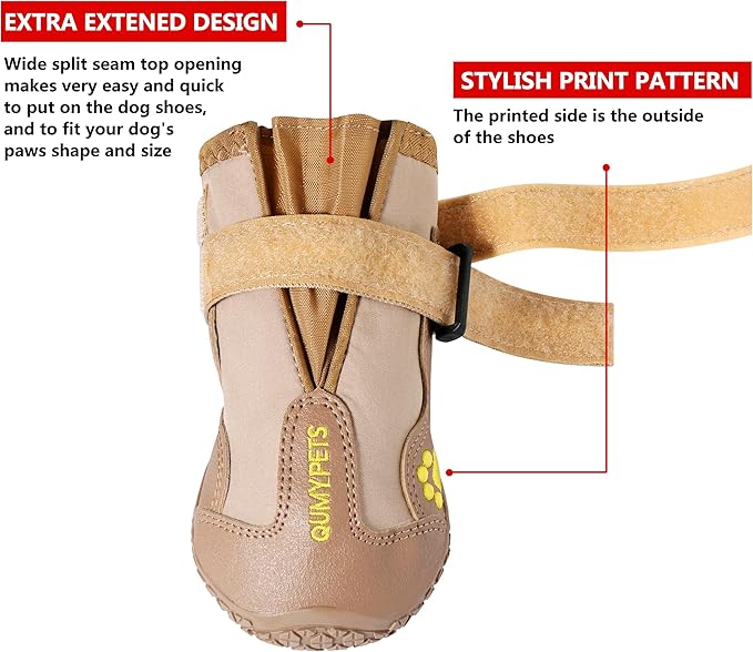 QUMY Dog Shoes for Large Dogs, Medium Dog Boots & Paw Protectors for Winter Snowy Day, Summer Hot Pavement, Waterproof in Rainy Weather, Outdoor Walking, Indoor Hardfloors Anti Slip Sole Khaki 4