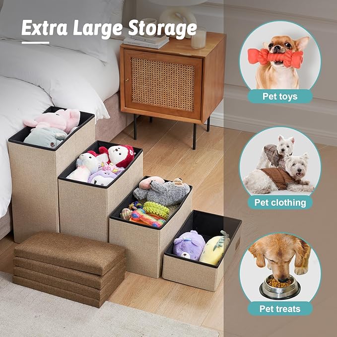 Dog Stairs with Storage, 3-Step Wider Sturdy Dog Steps for Small/Medium/Large Dogs and Older Cats, Folding Doggie Ramp for Bed/Couch/Car Hold Up to 180 lbs (16.7" H, Grey)