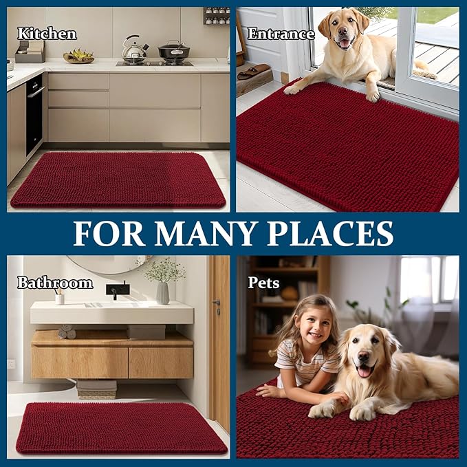 OLANLY Dog Door Mat for Muddy Paws 47x17, Absorbs Moisture and Dirt, Absorbent Non-Slip Washable Doormat, Quick Dry Chenille Mud Mat for Dogs, Entry Indoor Entryway Carpet for Inside Floor, Red