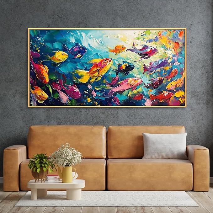 School of Fish Printed Canvas Wall Art – Framed Abstract Ocean Print – Vibrant Fish Wall Decor for Living Room, Bedroom, Office (Gold Framed, 47"x23"|120x60cm)