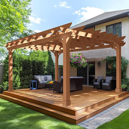 MUPATER 12x14 FT Wooden Pergola, Cedar Pergola Kit with Roof, Outdoor Garden Shelter for Backyard, Deck, Lawn, Pool, Natural
