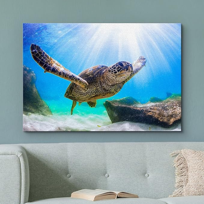 wall26 Canvas Print Wall Art Sunlight Ray Tropical Turtle Swimming Ocean Nature Animals Photography Realism Rustic Scenic Landscape Wilderness Colorful for Living Room, Bedroom, Office - 16"x24"