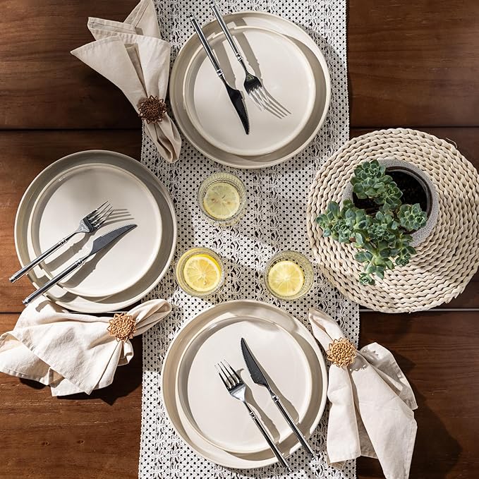 GBHOME Ceramic Dinnerware Sets for 4, 12 Pieces Stoneware Plates and Bowls Sets, Scratch Resistant Dishes, Dishwasher & Microwave Safe, Reactive Glaze-Vanilla color