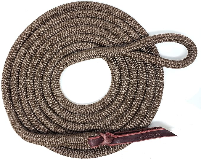 Double Braid Polyester Yacht Horse Lead Rope with Loop 12ft. or 14ft. Lengths (Brown, 14 ft. No Snap)