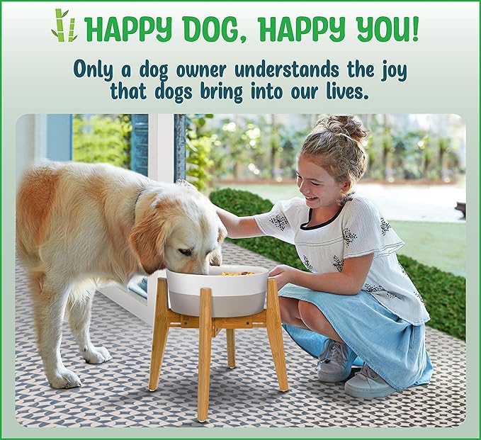 Dog Bowl Stand (14-inch High) - Ideal for Large Breeds, Use to Elevate, Raise Pet Dishes, Water Fountains and Slow Feeders - Adjustable Sideways, Bamboo - (Bowls not Included)