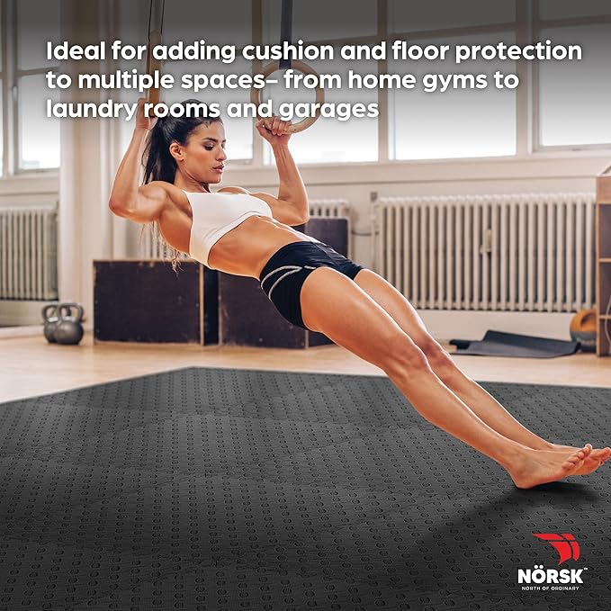 Norsk Foam Floor Gym Mats with Interlocking Tiles, .47" Thick, 24"x24", 30-Pack, 120 Square Feet, Diamond Plate Design, Black