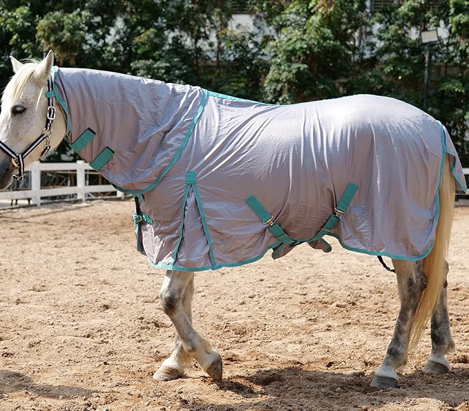 Horse Fly Sheet with Detachable Neck Cover & Belly Wrap, Adjustable Fly Sheet for Horses, Ventilated Airflow Mesh Equine Cooling Summer Flysheet Grey 81