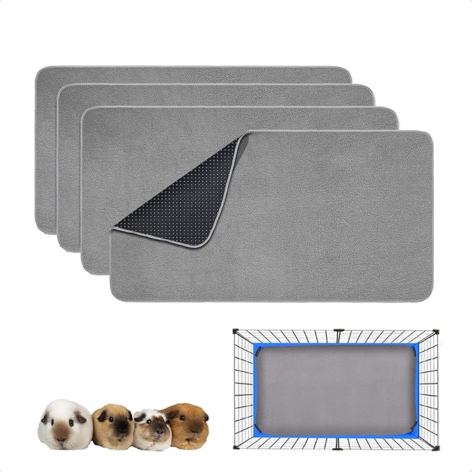 Guinea Pig Cage Liner, 4 Pack - Washable, Reusable, Leakproof Fleece Bedding Pads for Small Animals with Anti-Slip Bottom - for 15''X29'' Area, Gray