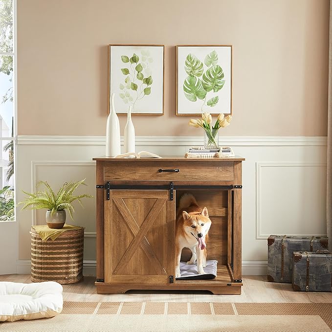 EDYO LIVING 38" Large Dog Crate Furniture with Sliding Barn Door, Wooden Dog Kennel with Drawer for Storage, Water Resistant Indoor Furniture Style Dog Crate for Small/Medium/Large Dog, Rustic Oak