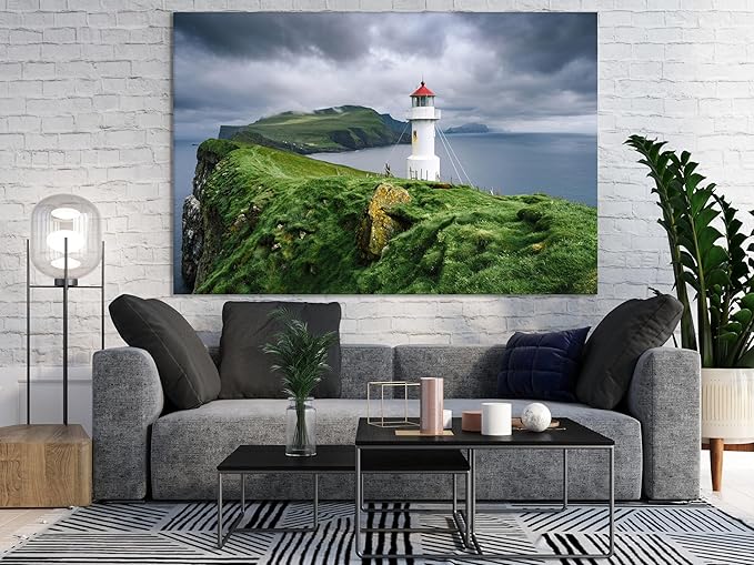 Nature Wall Art Prints - Ocean Forest Mountain Lake Canvas Landscapes - Small to Extra Large Living Room Bedroom Kitchen Bathroom Décor (Stormy Sky Lighthouse, 35L" x 53W")