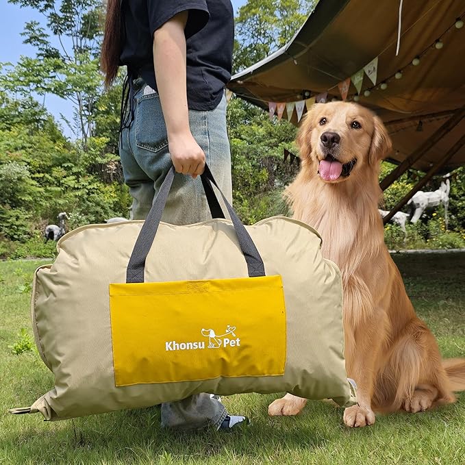 Portable Waterproof Dog Mat for Camping, Patio & Travel - Foldable Outdoor Dog Bed with Teflon Shell & Removable Plush Pad - Easy Clean, Durable - S (Lemon Yellow)