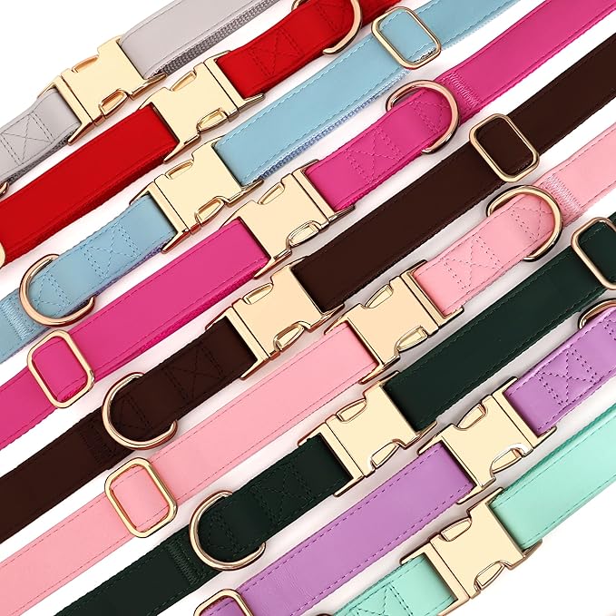 PET ARTIST PU Leather Dog Collar, Bright & Stylish Brown Dog Collar with Quick Release Gold Metal Buckle, Soft Nylon Padded Durable Pet Collars Adjustable for Small Dogs, Neck Fit 9-14"