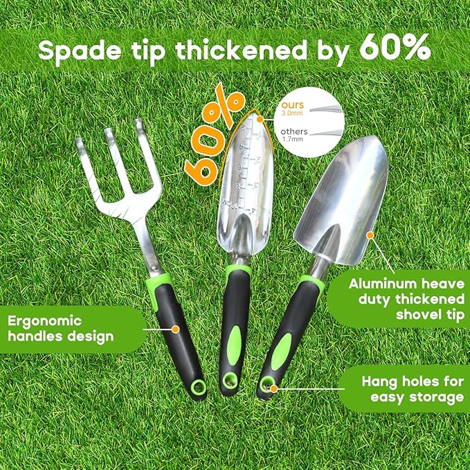 Garden Tool Set, 3 Pack Aluminum Heavy Duty Gardening Kit Includes Hand Trowel, Transplant Trowel and Cultivator Hand Rake with Soft Rubberized Non-Slip Ergonomic Handle, Garden Gifts