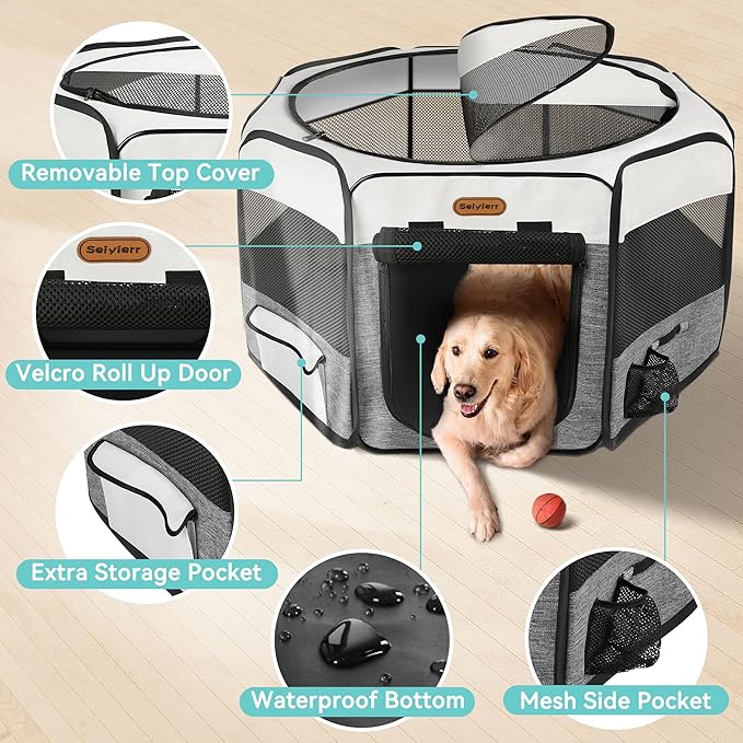 Dog Playpen, Portable Pet Play Pen Foldable Carrying Case, Puppy Pens Outsid for Small Cat Indoor/Outdoor, Removable Mesh Shade Cover