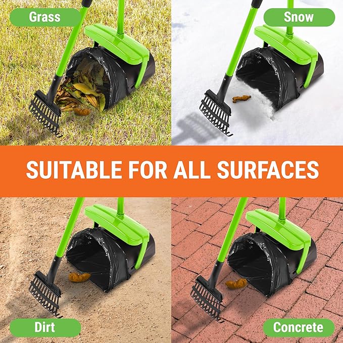 Dog Pooper Scooper with Bag Attachment, 40" Long Handle Pooper Scooper for Large Dogs, Dog Poop Scoop for Yard, Large Capacity Swivel Bin and Rake, Lavender Scented Bags (Green)