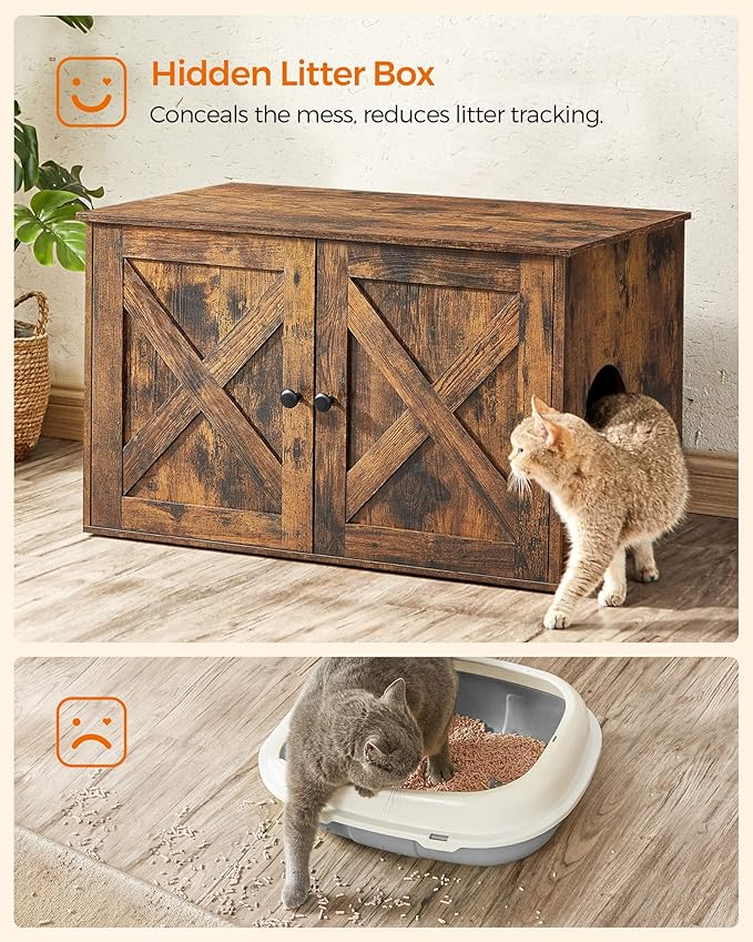 Feandrea Cat Litter Box Enclosure, Litter Box Furniture Hidden with Removable Divider, Indoor Cat House, End Table, 31.5 x 20.9 x 19.7 Inches, Rustic Brown UPCL002X01