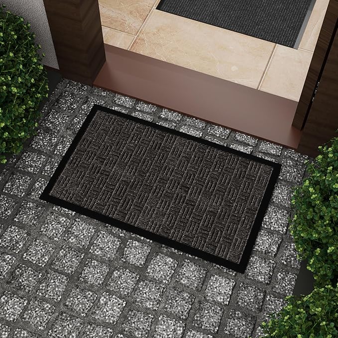 Indoor/Outdoor Hose-Wash Embossed Design Non-Slip Rubber 18" x 30" Modern Entryway Mat for Entryway, Patio, Backyard, Garage, 18" x 30", Charcoal