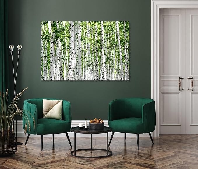 Nature Wall Art Prints - Ocean Forest Mountain Lake Canvas Landscapes - Small to Extra Large Living Room Bedroom Kitchen Bathroom Décor (Green Brich Trees, 20L" x 30W")