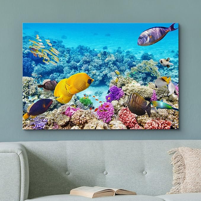 wall26 Canvas Print Wall Art Vibrant Teal Underwater Fish Coral Reef Nature Animals Photography Realism Scenic Landscape Wilderness Earth Colorful for Living Room, Bedroom, Office - 32"x48"