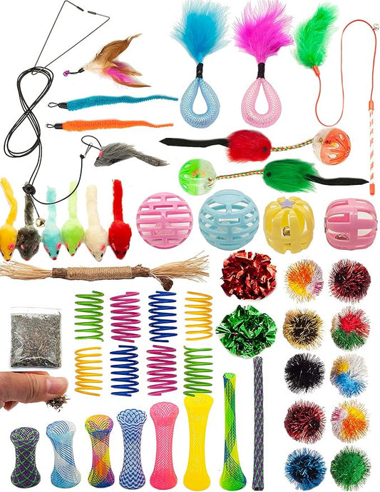Fashion's Talk Cat Toys 50 Pcs for Indoor Cats,Interactive Door Hanging Mice Feather Toy Cat Spring Toy Cat Wand Catnip Crinkle Balls Silvervine Sticks Balls Kitten Toys Bulk
