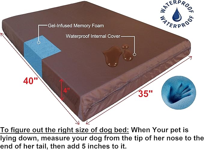 Dogbed4less Luxury Extra Large Orthopedic Memory Foam Dog Bed for Large Dogs with Durable Waterproof Internal Case, Removable Washable Denim Cover and Extra Bonus Pet Bed Cover, XL 40X35X4, Brown