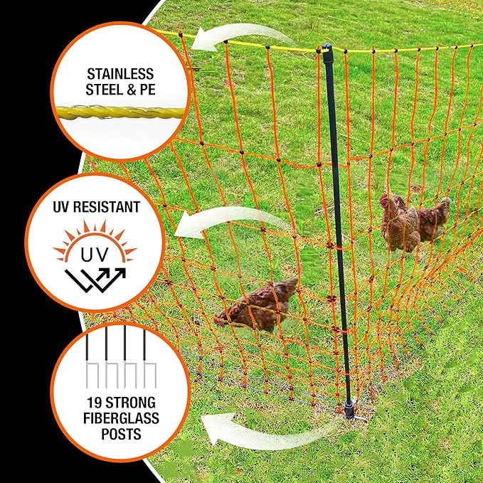 Pet & Livestock HQ Electric Fence Poultry Netting 41" x 164' - Portable Pre-Assembled Electric Net Fencing for Goats, Sheep, Lambs in Farms, Ranches, and Gardens (19 Posts, 2 Spikes)