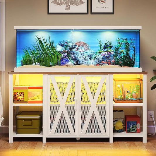 DWVO 75-120 Gallon Aquarium Stand with Power Outlet & LED Light, Cabinet for Accessories Storage - Heavy Duty Metal Fish Tank Stand Suitable for Turtle Tank, Reptile Terrarium, 2000LBS Capacity, White