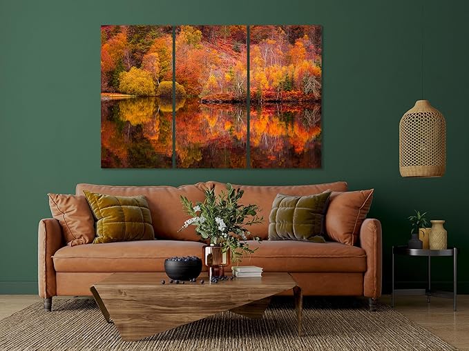 Nature Wall Art Prints - Ocean Forest Mountain Lake Canvas Landscapes - Small to Extra Large Living Room Bedroom Kitchen Bathroom Décor (Autumn Forest with Lake, 55L" x 83W"- 3 Panels)