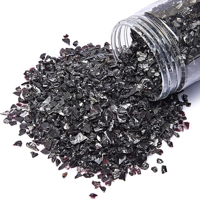 TWINKLING High Luster Fire Glass Gravel Stone Glitter,Broken Glass,Fire Gems Chips,Crushed Glass for Fire Pit Crafts Resin Art Aquarium Garden Decoration,3-6mm,1-Pound Jar (Black)