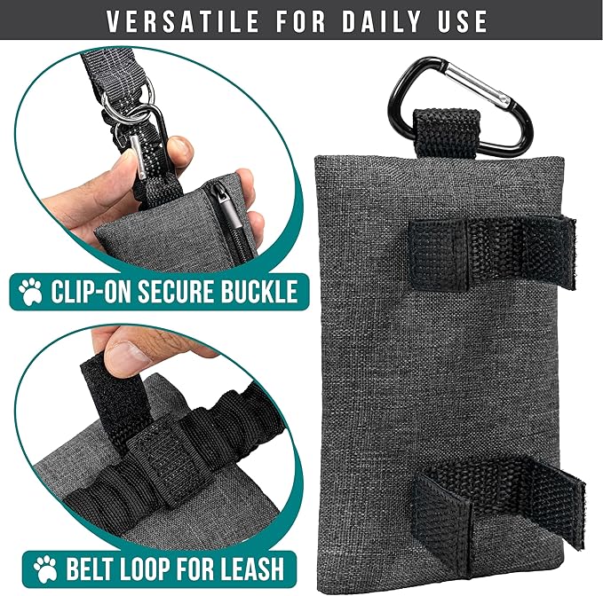 PetAmi Dog Poop Bag Holder for Leash, Dog Waste Bag Dispenser with Clip, Treat Pouch, Walking & Camping Accessories with Trash Bag Roll, Gray/Black 2 Pack