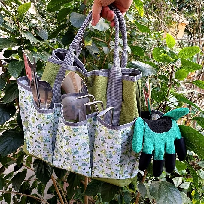 Gardening Tools – 42 Piece Premium Gardening Tool Set,Heavy Duty Hand Tools with Fashion Garden Tools Organizer Handbag,Rust-Proof Gardening Tool Kit, Ideal Gardening Gifts for All (Green Floral)
